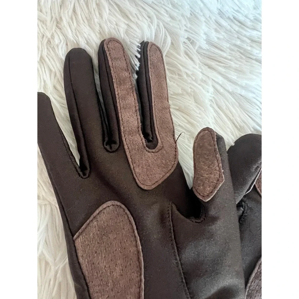 Brown Stretch Riding Gloves Faux Suede Genuine Leather Touchscreen Style Winter